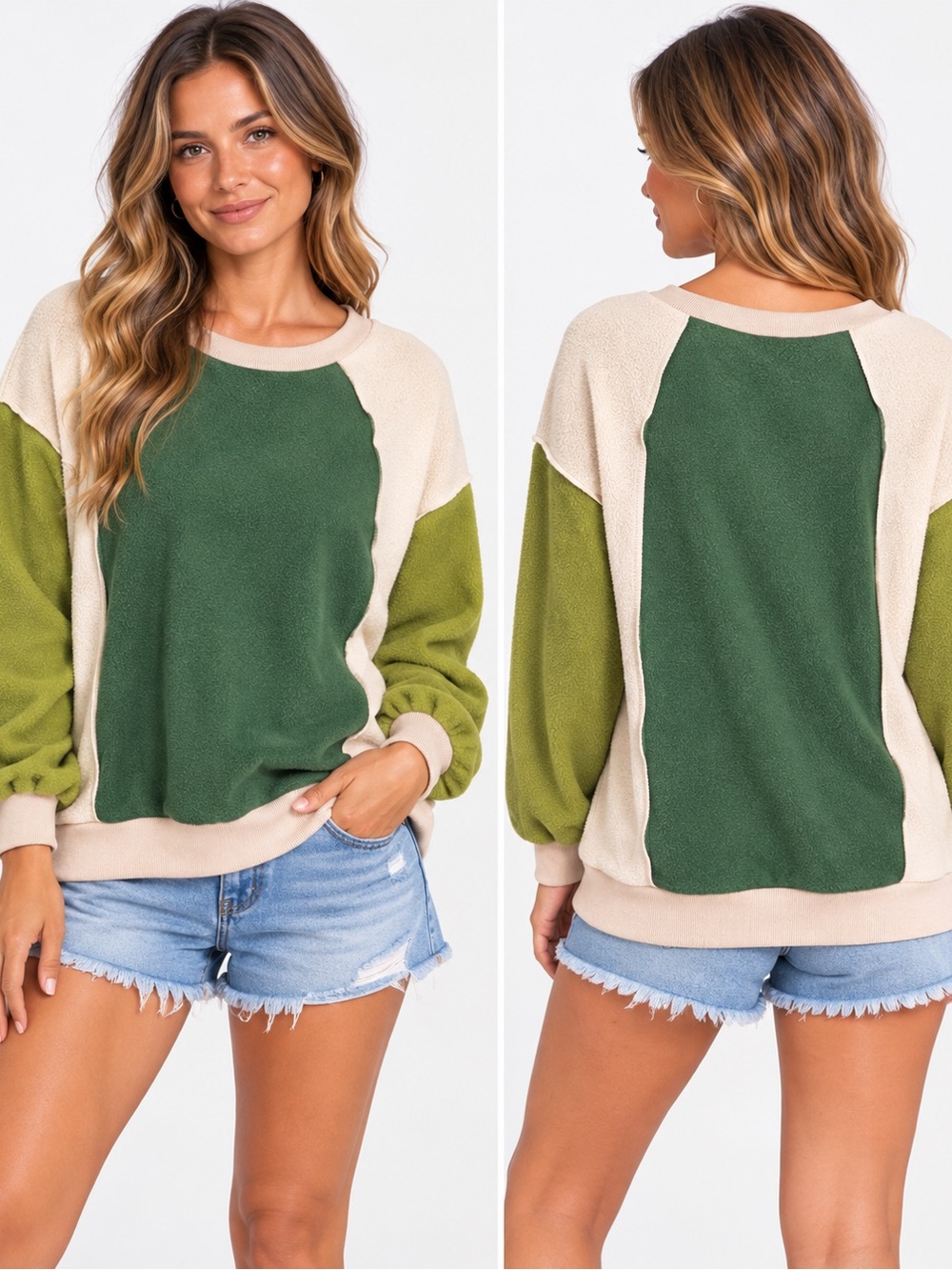 Colorblock Forest Green & Olive Crewneck Sweater